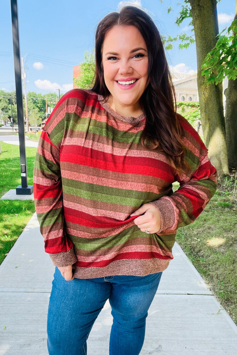 Perfectly You Olive & Mauve Stripe Two-Tone Banded Sweater Top - Coeur de la Mode