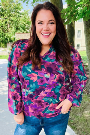 Beautiful You Hunter Green Watercolor Floral Print Notch Neck Top - Coeur de la Mode