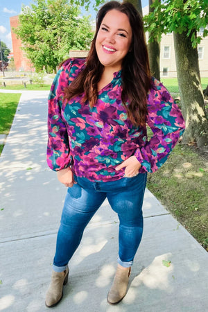 Beautiful You Hunter Green Watercolor Floral Print Notch Neck Top - Coeur de la Mode