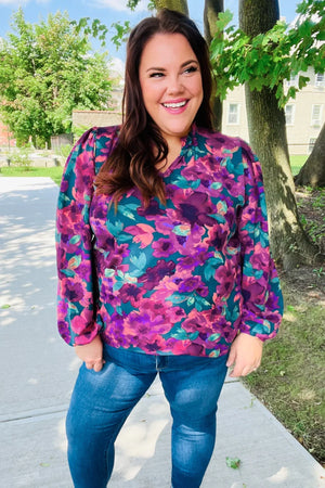 Beautiful You Hunter Green Watercolor Floral Print Notch Neck Top - Coeur de la Mode
