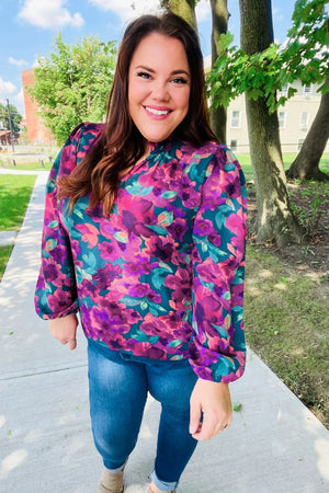 Beautiful You Hunter Green Watercolor Floral Print Notch Neck Top - Coeur de la Mode