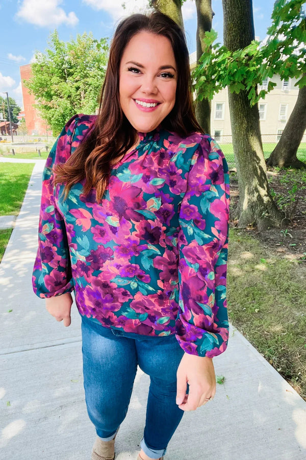 Beautiful You Hunter Green Watercolor Floral Print Notch Neck Top - Coeur de la Mode