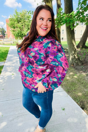 Beautiful You Hunter Green Watercolor Floral Print Notch Neck Top - Coeur de la Mode