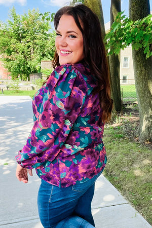Beautiful You Hunter Green Watercolor Floral Print Notch Neck Top - Coeur de la Mode