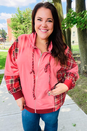 Adorable in Marsala Plaid Color Block Zipper French Terry Hoodie - Coeur de la Mode