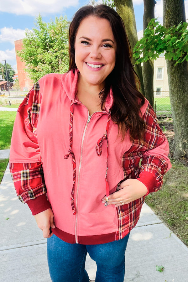 Adorable in Marsala Plaid Color Block Zipper French Terry Hoodie - Coeur de la Mode
