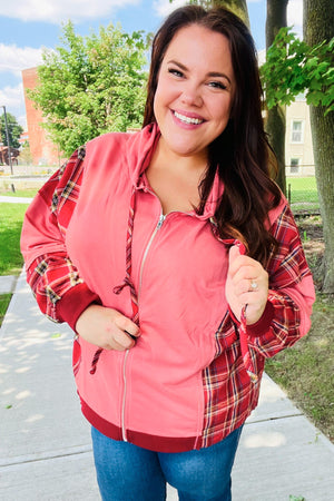 Adorable in Marsala Plaid Color Block Zipper French Terry Hoodie - Coeur de la Mode