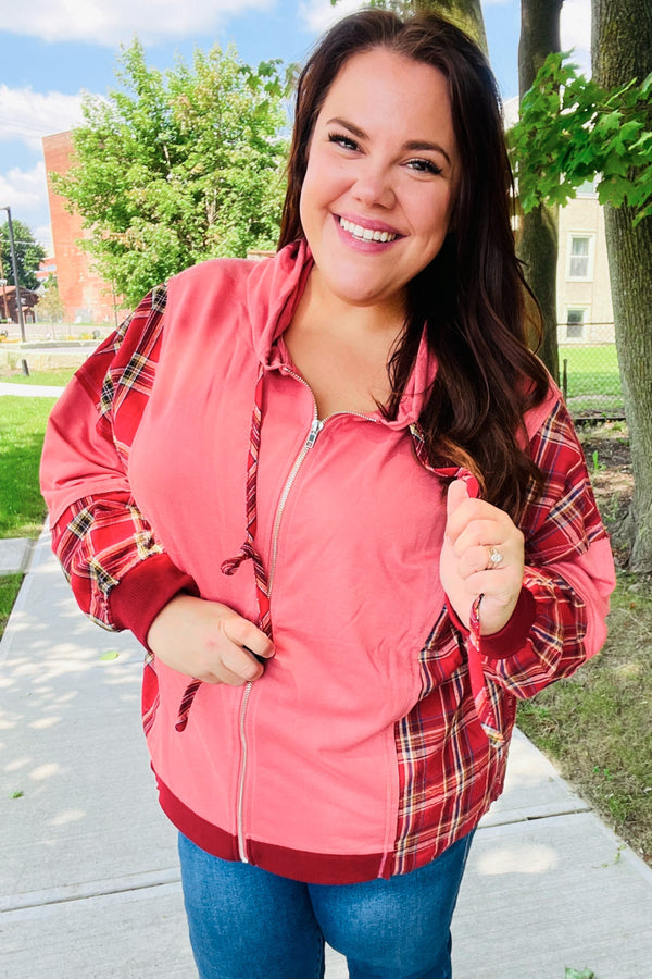 Adorable in Marsala Plaid Color Block Zipper French Terry Hoodie - Coeur de la Mode