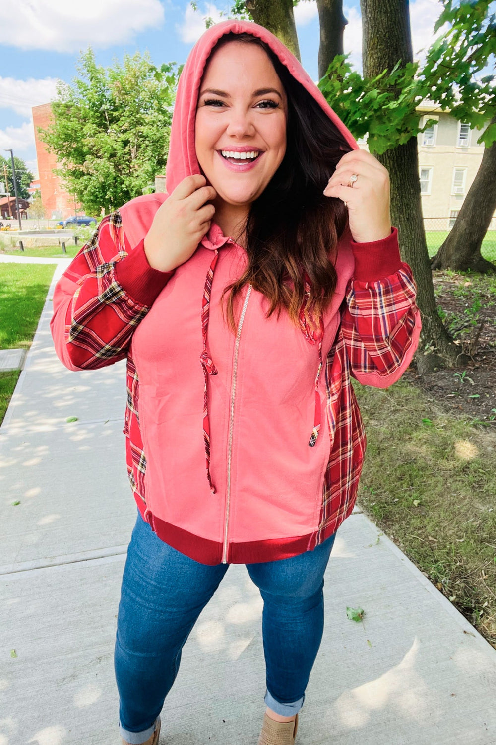 Adorable in Marsala Plaid Color Block Zipper French Terry Hoodie - Coeur de la Mode