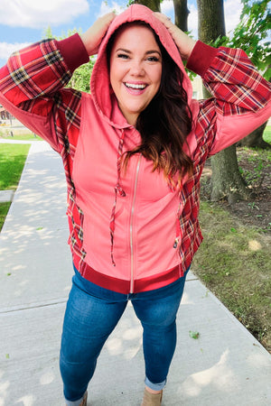 Adorable in Marsala Plaid Color Block Zipper French Terry Hoodie - Coeur de la Mode