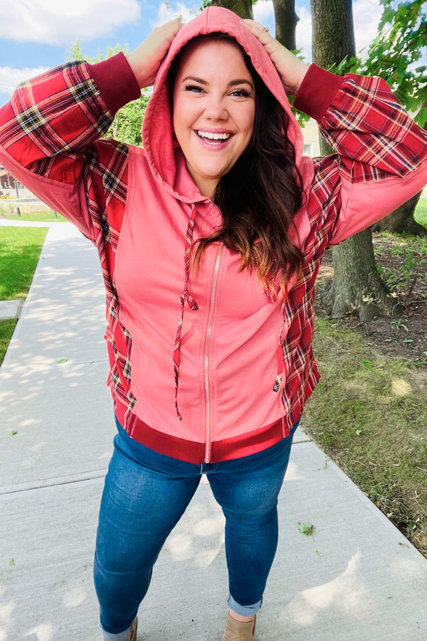 Adorable in Marsala Plaid Color Block Zipper French Terry Hoodie - Coeur de la Mode