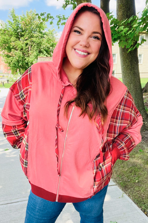 Adorable in Marsala Plaid Color Block Zipper French Terry Hoodie - Coeur de la Mode