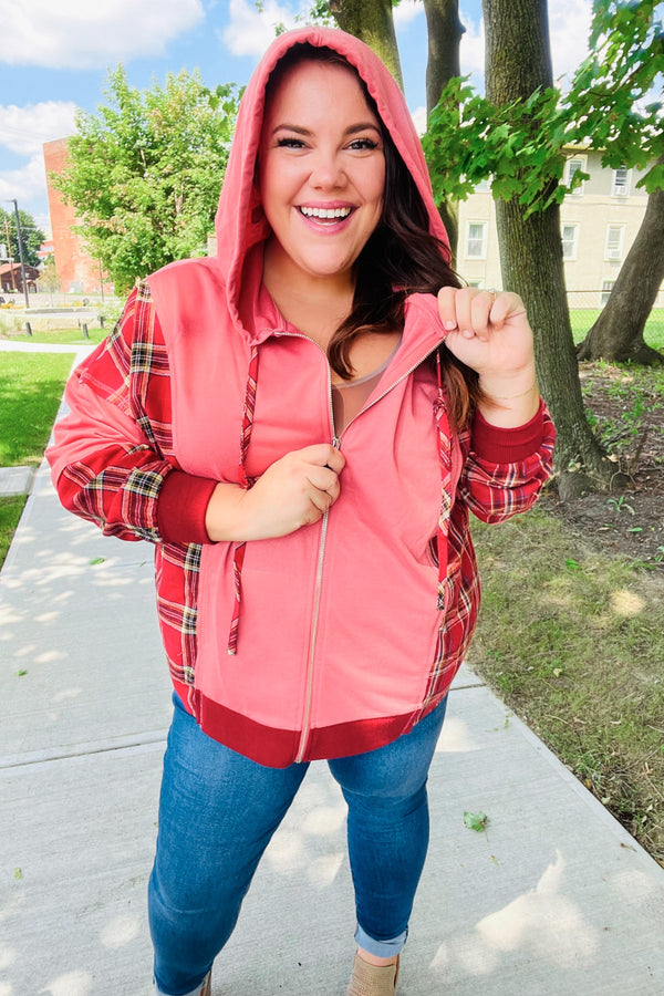 Adorable in Marsala Plaid Color Block Zipper French Terry Hoodie - Coeur de la Mode