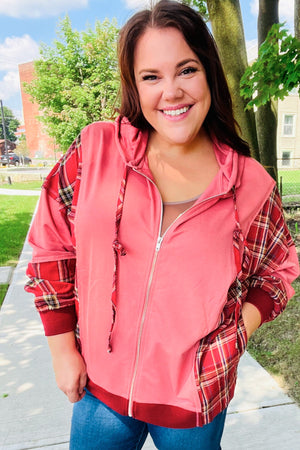 Adorable in Marsala Plaid Color Block Zipper French Terry Hoodie - Coeur de la Mode