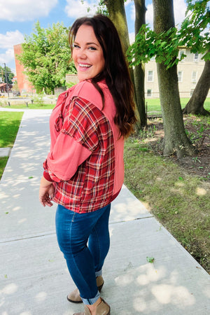 Adorable in Marsala Plaid Color Block Zipper French Terry Hoodie - Coeur de la Mode
