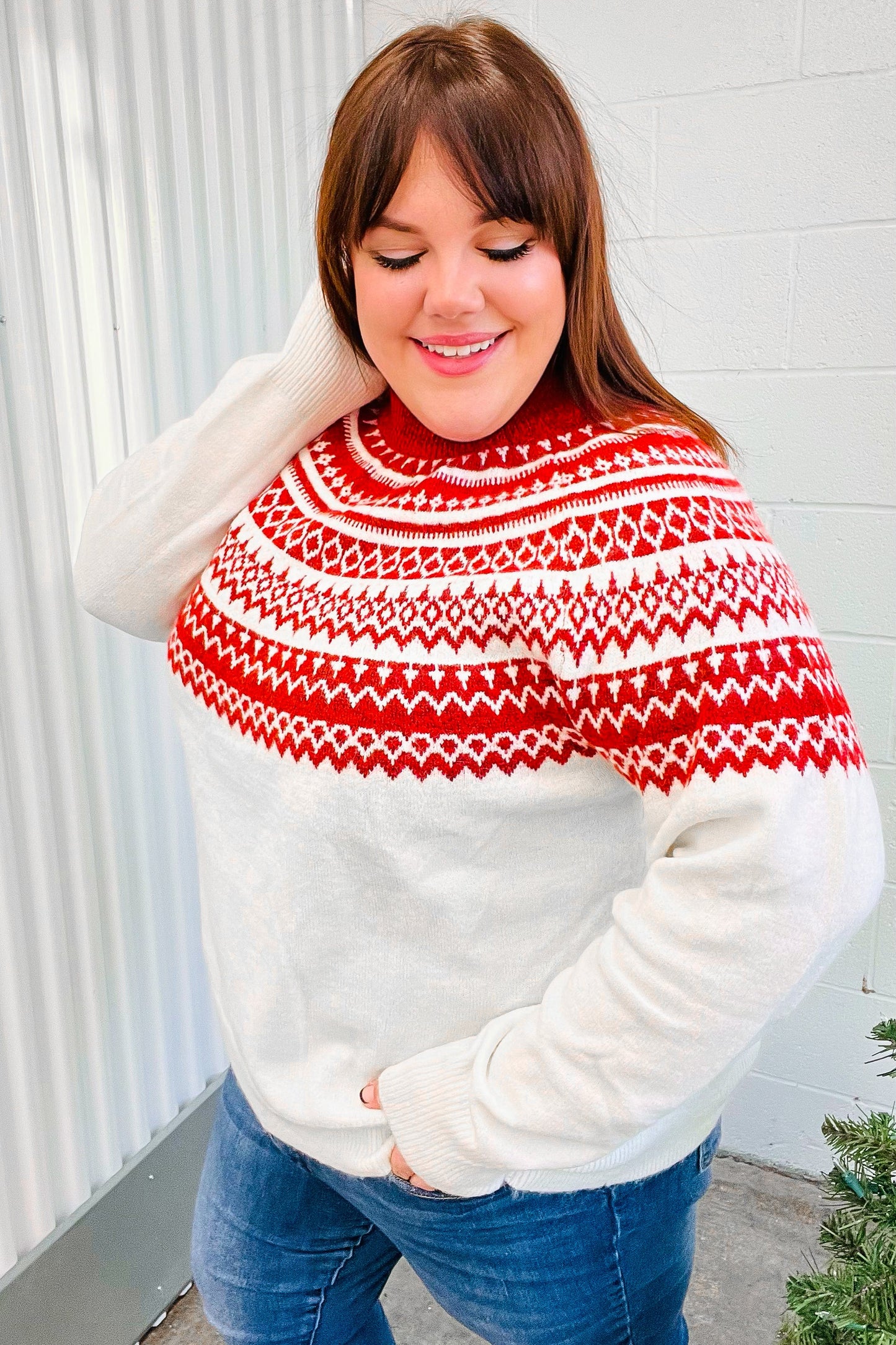 Feeling Festive Ivory & Red Fair Isle Mock Neck Sweater