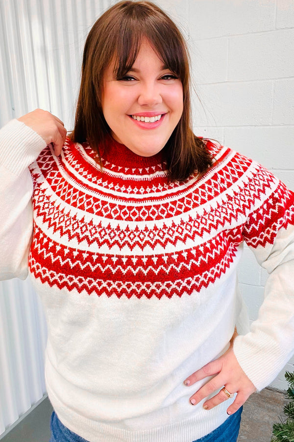 Feeling Festive Ivory & Red Fair Isle Mock Neck Sweater - Coeur de la Mode