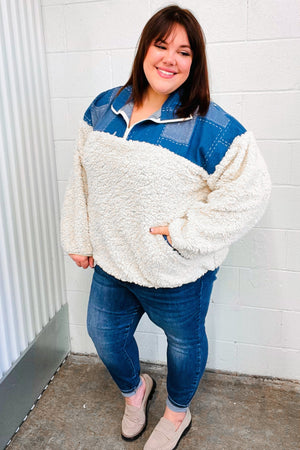Good Vibes Denim & Ivory Patchwork Sherpa Half Zip Pullover - Coeur de la Mode