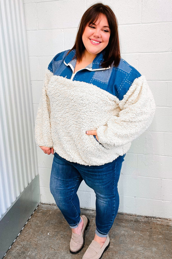 Good Vibes Denim & Ivory Patchwork Sherpa Half Zip Pullover - Coeur de la Mode