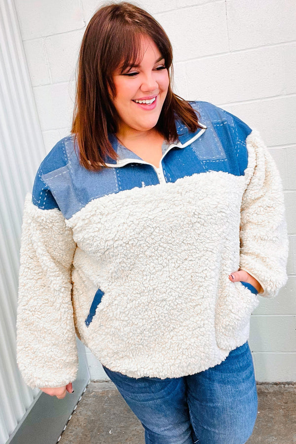 Good Vibes Denim & Ivory Patchwork Sherpa Half Zip Pullover - Coeur de la Mode