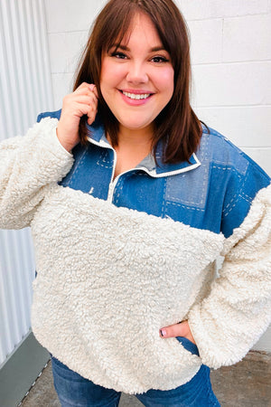 Good Vibes Denim & Ivory Patchwork Sherpa Half Zip Pullover - Coeur de la Mode