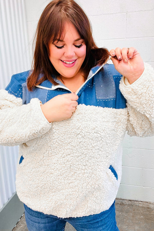 Good Vibes Denim & Ivory Patchwork Sherpa Half Zip Pullover - Coeur de la Mode