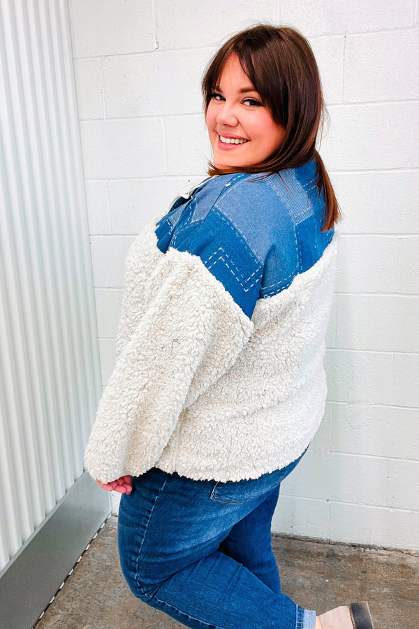 Good Vibes Denim & Ivory Patchwork Sherpa Half Zip Pullover - Coeur de la Mode