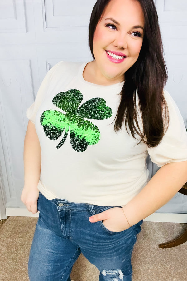 Saint Patty Sequin Clover French Terry Puff Sleeve Top - Coeur de la Mode