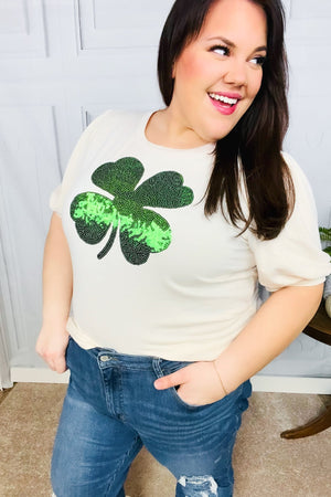 Saint Patty Sequin Clover French Terry Puff Sleeve Top - Coeur de la Mode