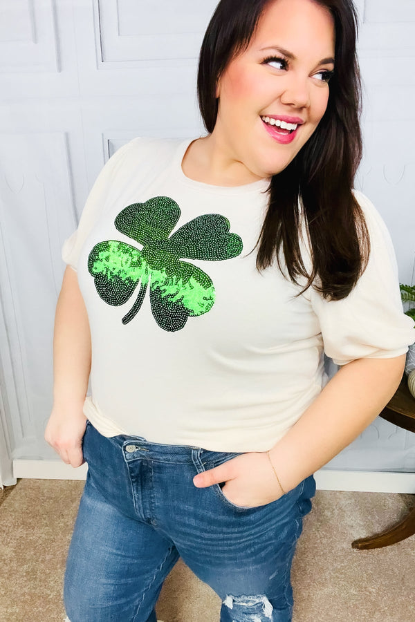 Saint Patty Sequin Clover French Terry Puff Sleeve Top - Coeur de la Mode