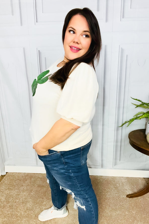 Saint Patty Sequin Clover French Terry Puff Sleeve Top - Coeur de la Mode