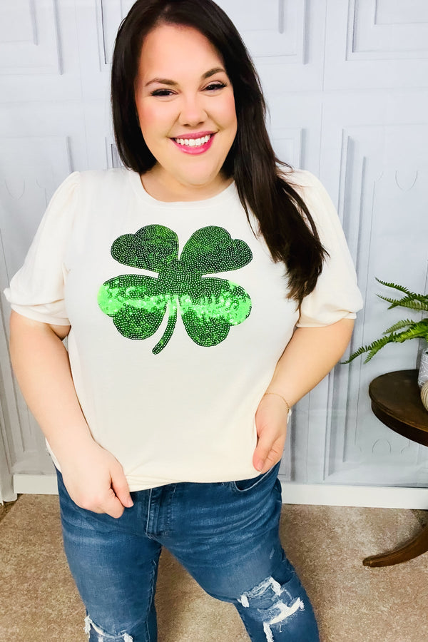 Saint Patty Sequin Clover French Terry Puff Sleeve Top - Coeur de la Mode