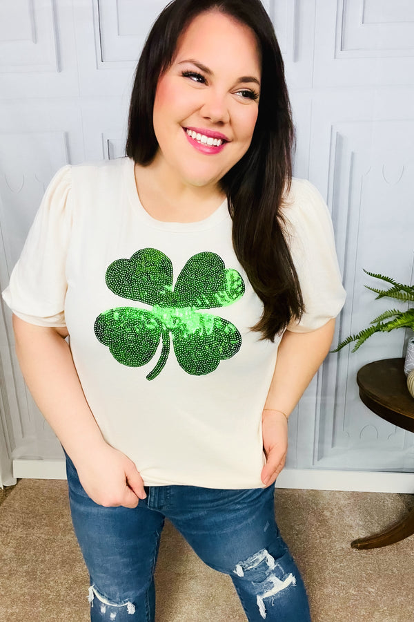 Saint Patty Sequin Clover French Terry Puff Sleeve Top - Coeur de la Mode