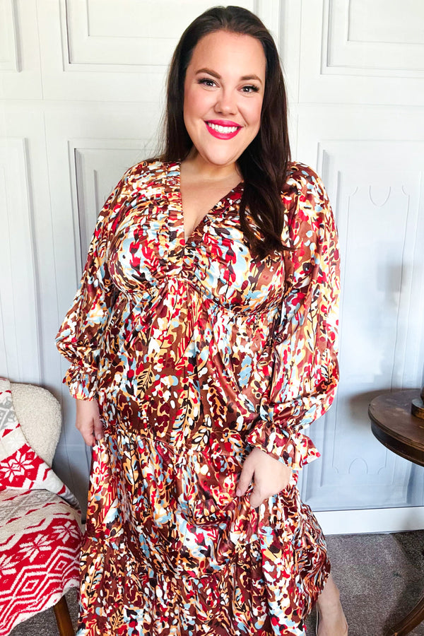 Feeling Femme Mocha Floral Print V Neck Satin Maxi Dress - Coeur de la Mode