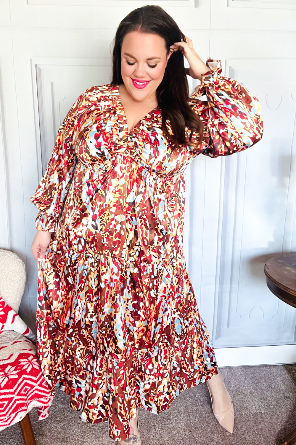 Feeling Femme Mocha Floral Print V Neck Satin Maxi Dress - Coeur de la Mode