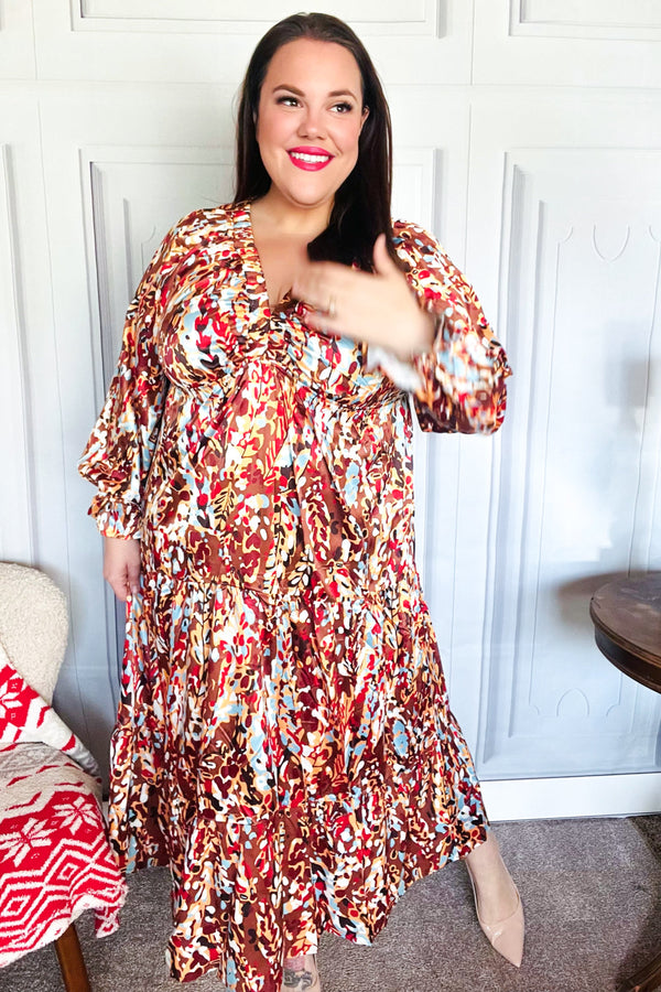 Feeling Femme Mocha Floral Print V Neck Satin Maxi Dress - Coeur de la Mode