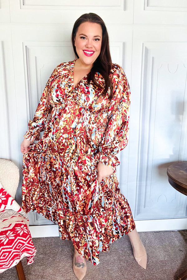 Feeling Femme Mocha Floral Print V Neck Satin Maxi Dress - Coeur de la Mode