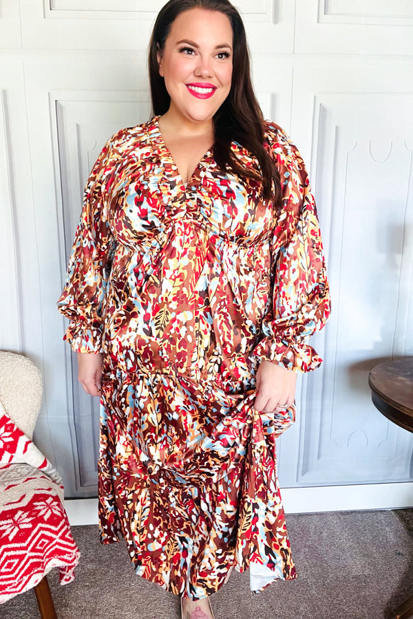 Feeling Femme Mocha Floral Print V Neck Satin Maxi Dress - Coeur de la Mode