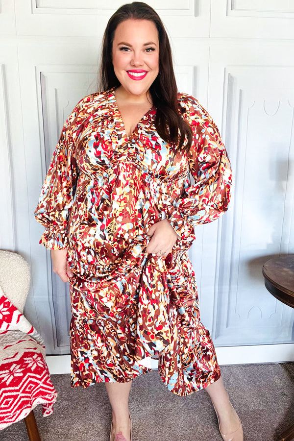 Feeling Femme Mocha Floral Print V Neck Satin Maxi Dress - Coeur de la Mode