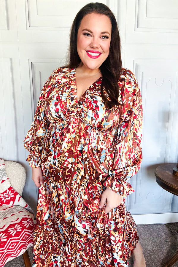 Feeling Femme Mocha Floral Print V Neck Satin Maxi Dress - Coeur de la Mode