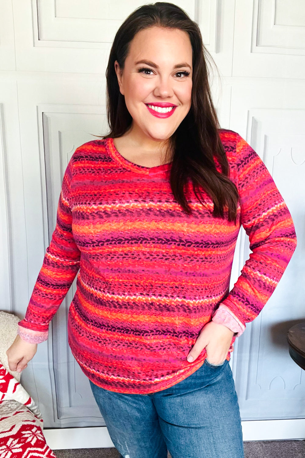 Be Bold Flame & Magenta Striped Cable Knit Print Hacci Top - Coeur de la Mode