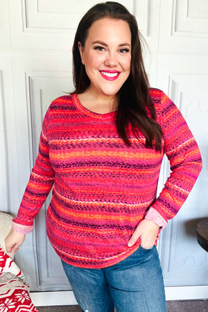 Be Bold Flame & Magenta Striped Cable Knit Print Hacci Top - Coeur de la Mode