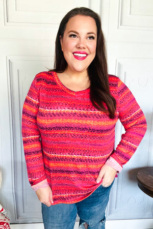 Be Bold Flame & Magenta Striped Cable Knit Print Hacci Top - Coeur de la Mode