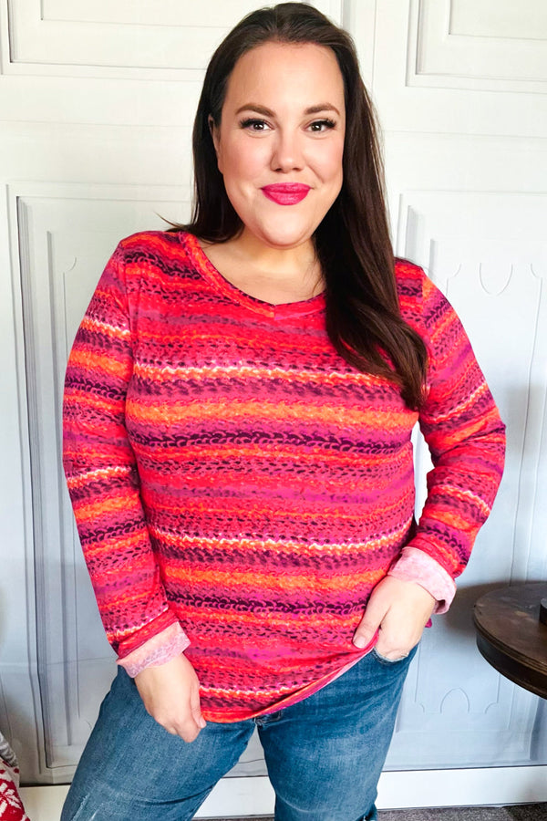 Be Bold Flame & Magenta Striped Cable Knit Print Hacci Top - Coeur de la Mode