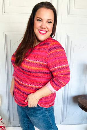 Be Bold Flame & Magenta Striped Cable Knit Print Hacci Top - Coeur de la Mode