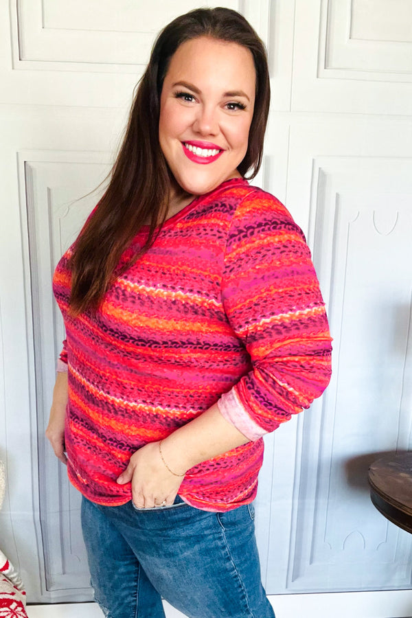 Be Bold Flame & Magenta Striped Cable Knit Print Hacci Top - Coeur de la Mode