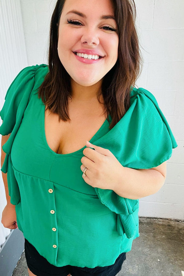 Sea Green Button Ruffle Woven Top - Coeur de la Mode