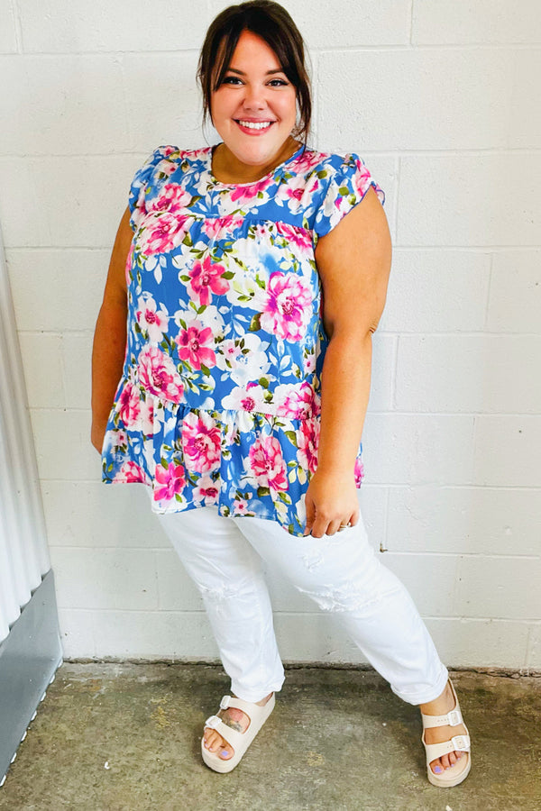 Sky Blue Floral Yoke Flutter Sleeve Keyhole Back Top - Coeur de la Mode