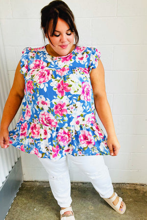 Sky Blue Floral Yoke Flutter Sleeve Keyhole Back Top - Coeur de la Mode