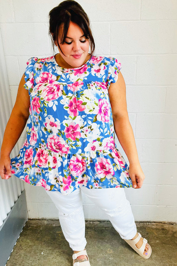 Sky Blue Floral Yoke Flutter Sleeve Keyhole Back Top - Coeur de la Mode